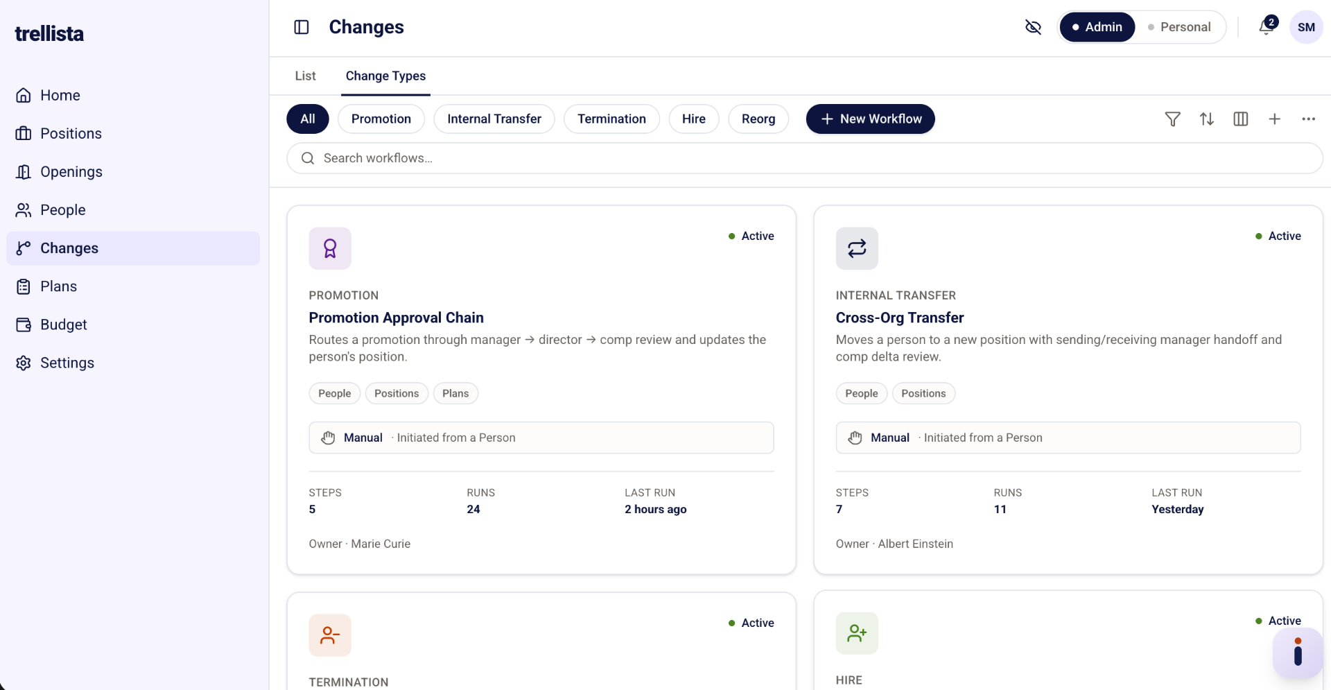 Changes — Promotion Approval Chain, Cross-Org Transfer, Termination, and Hire workflow cards.