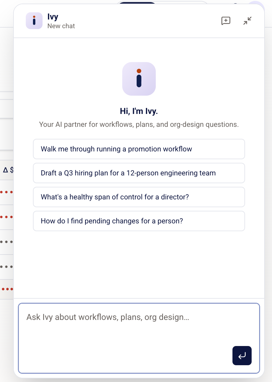 Ivy AI assistant — suggested prompts like 'Walk me through running a promotion workflow' and 'Draft a Q3 hiring plan for a 12-person engineering team'.